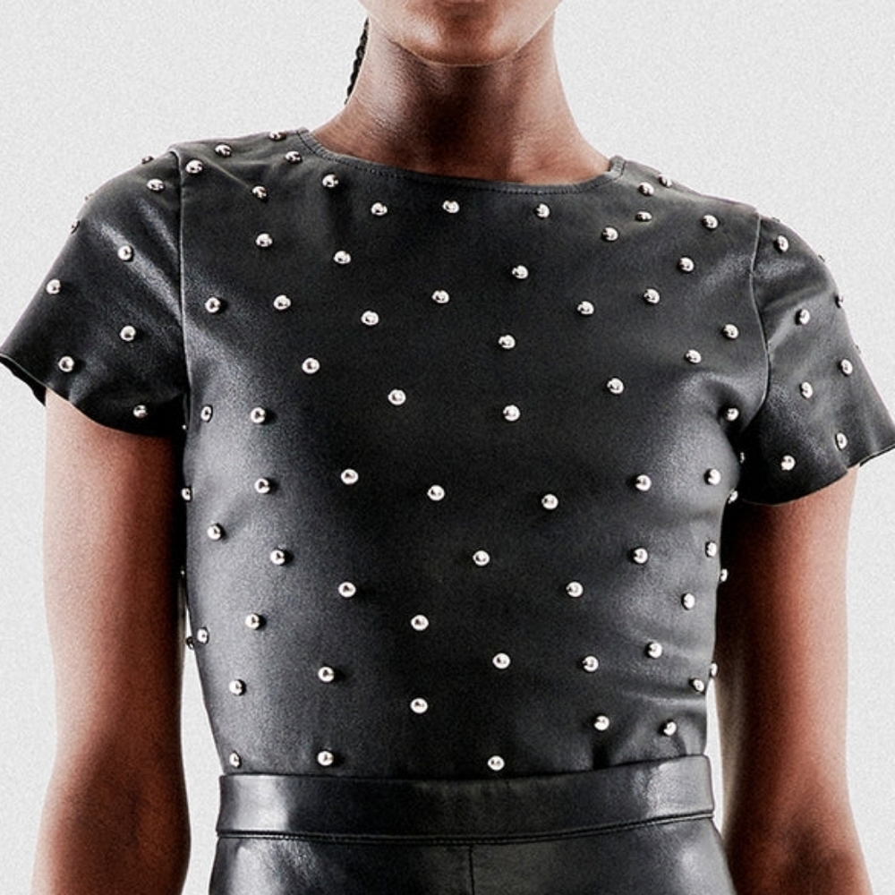 AS by DF Margot Stretch Leather Tee With Domed Rivets 100% Stretch Lambskin